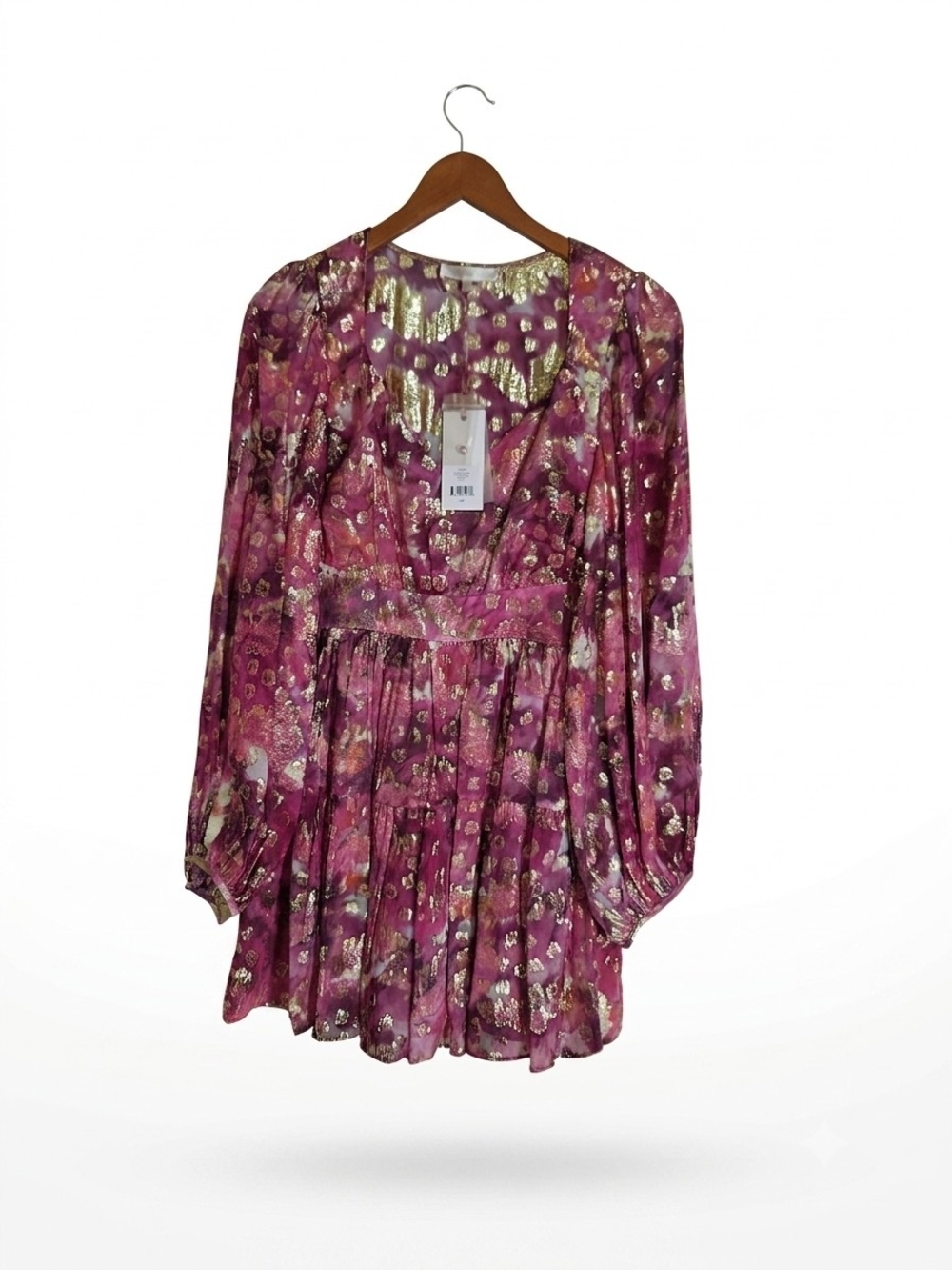 NWT LoveShackFancy Willis Pink Gold Metallic Tiered Mini Dress Size 6